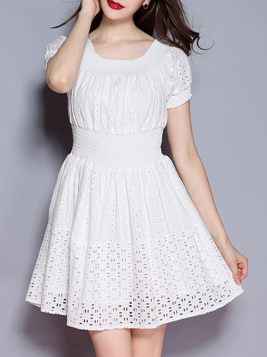 Shein White Elastic-waist Hollow A-line Dress