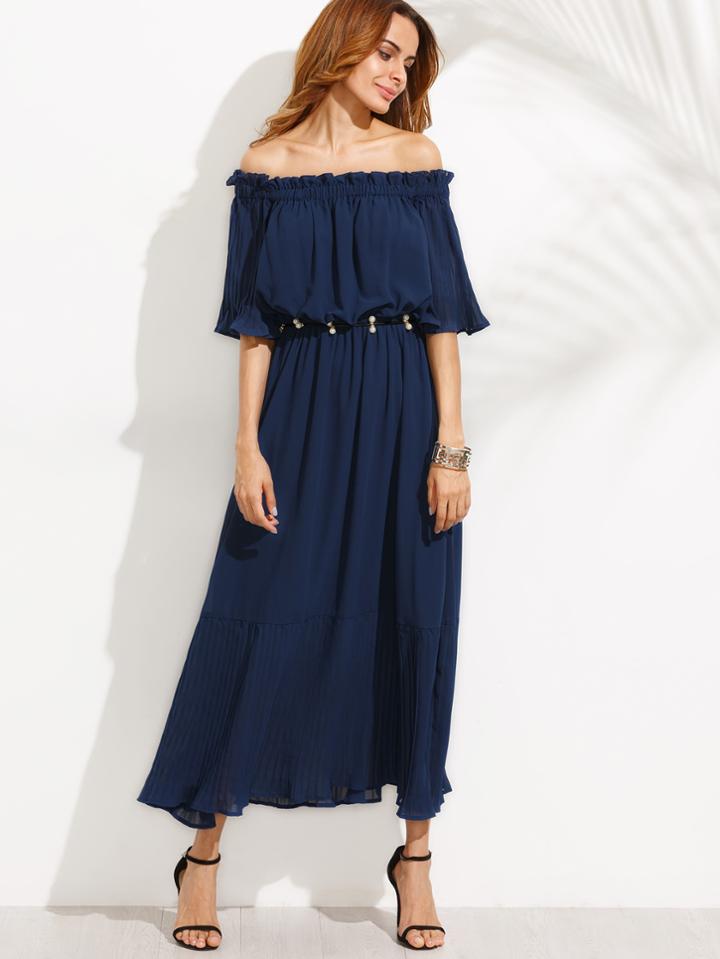 Shein Off Shoulder Elbow Sleeve Elasticized Shirred Dress