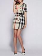 Shein Beige Lapel Short Sleeve Check Drawstring Dress