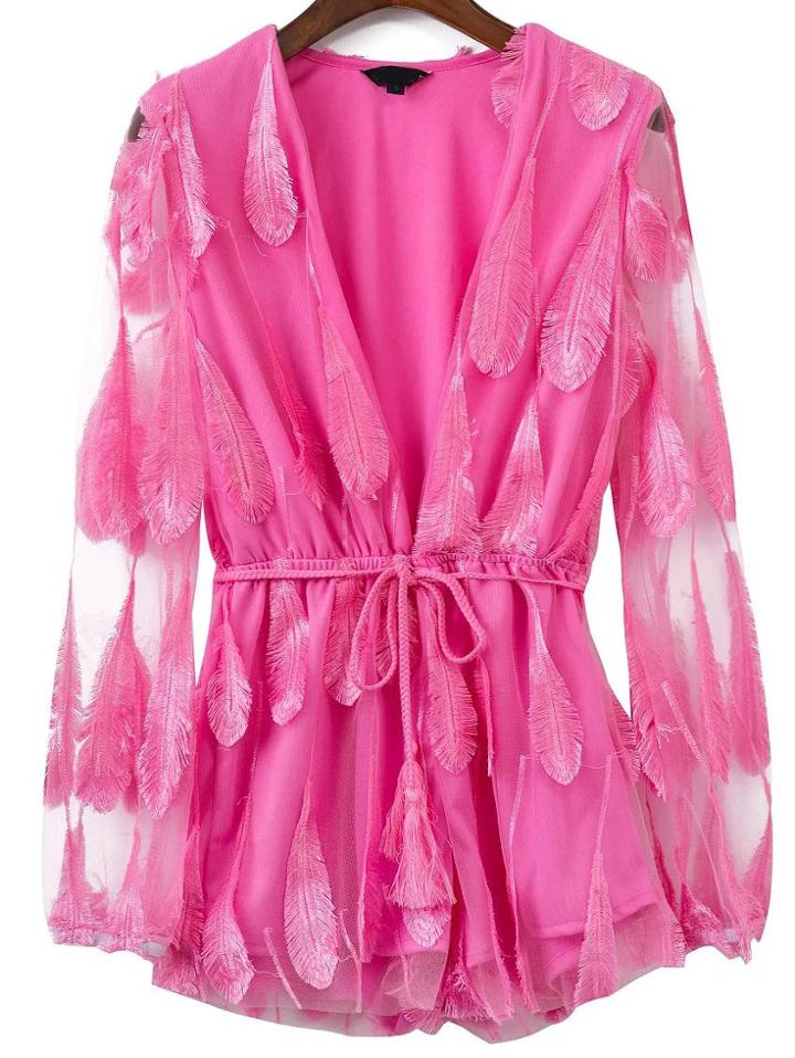 Shein Pink Feather Detail Deep V Neck Self Tie Romper