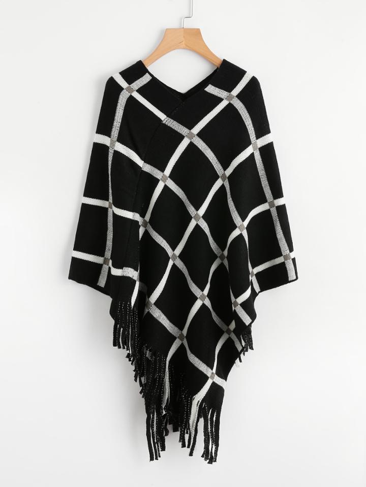 Shein Tattersall Plaid Poncho Sweater