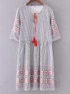 Shein Black And White Stripe Half Sleeve Tie Tassel Dress