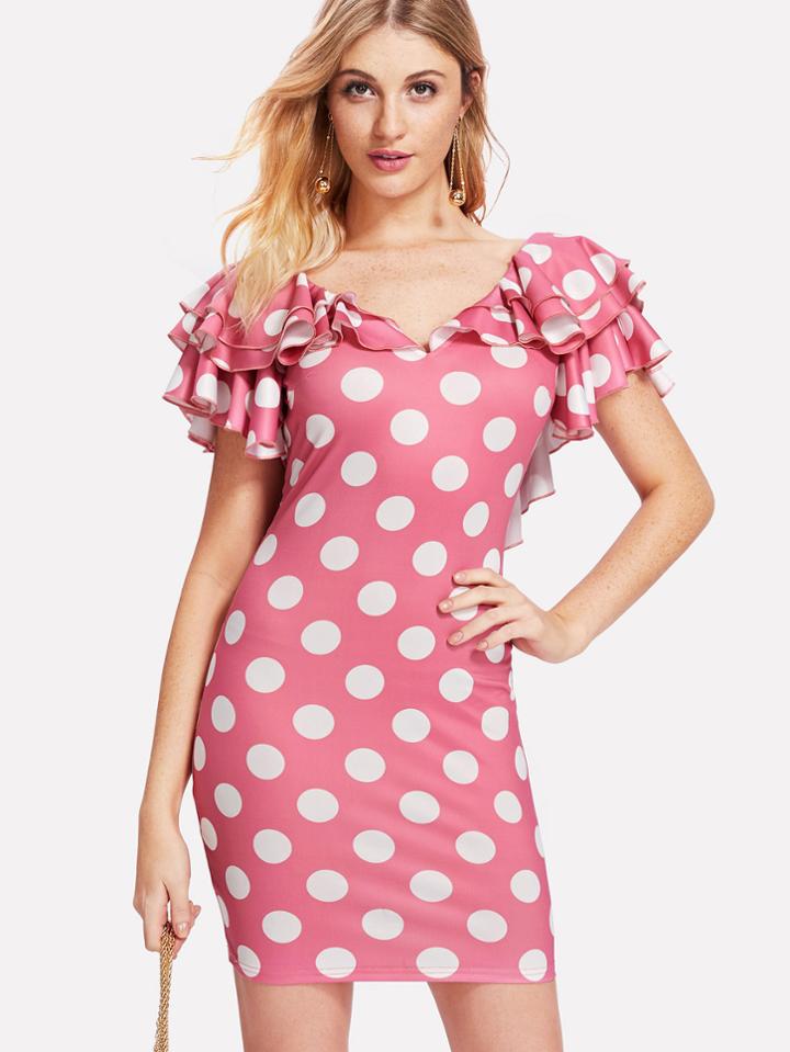 Shein Layered Flutter Sleeve Low Back Polka Dot Dress