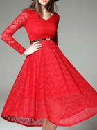Shein Red V Neck Belted A-line Lace Dress
