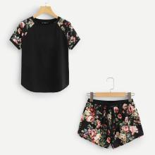 Shein Contrast Raglan Sleeve Curved Hem Top & Floral Shorts Pj Set