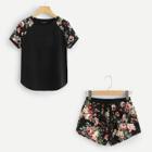 Shein Contrast Raglan Sleeve Curved Hem Top & Floral Shorts Pj Set