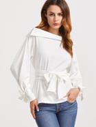 Shein Fold Boat Neck Belted Waist And Cuff Blouse