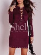 Shein Wine Red Baggy Long Sleeve Lace Up Bodycon Dress