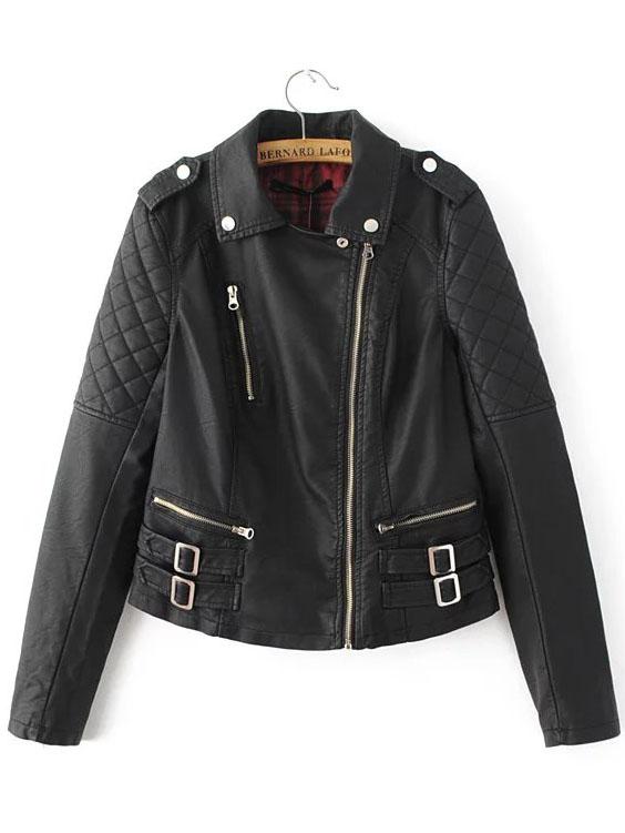 Shein Black Oblique Zipper Quilted Sleeve Pu Jacket With Buckle