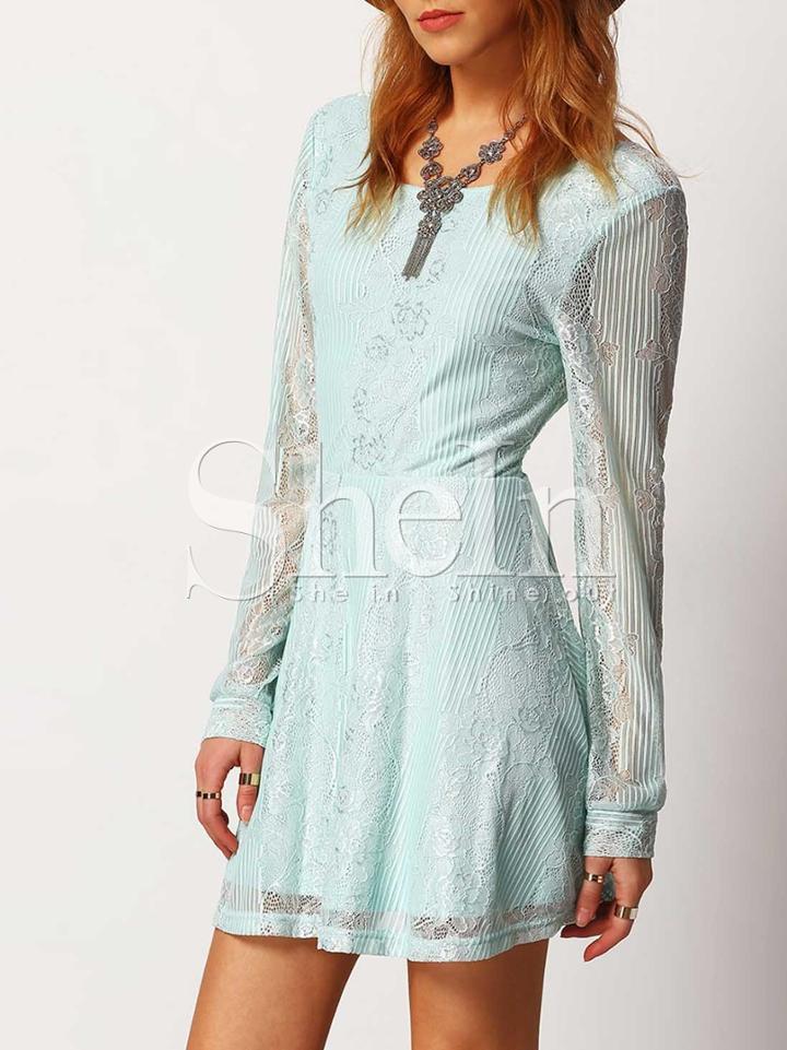 Shein Blue V Back Lace A Line Dress