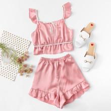 Shein Ruffle Strap Satin Top & Shorts Pj Set