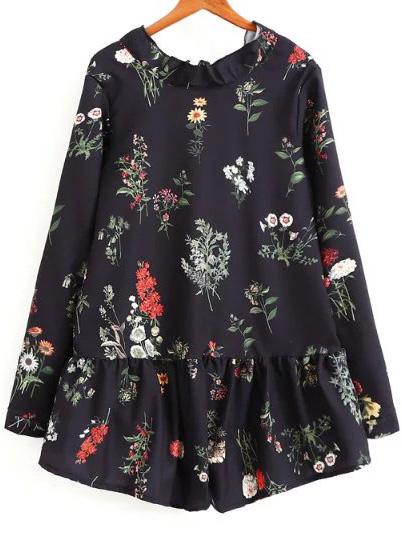 Shein Black Floral Print Tie Back Romper