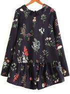 Shein Black Floral Print Tie Back Romper