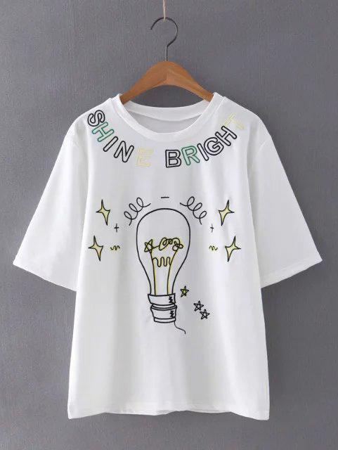 Shein White Short Sleeve Bulb Embroidery Casual T-shirt