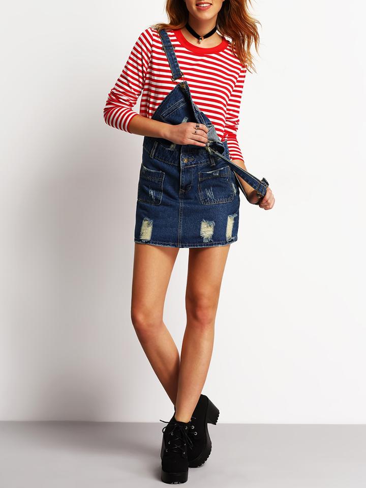 Shein Blue Strap Ripped Pockets Denim Pinafore Dress
