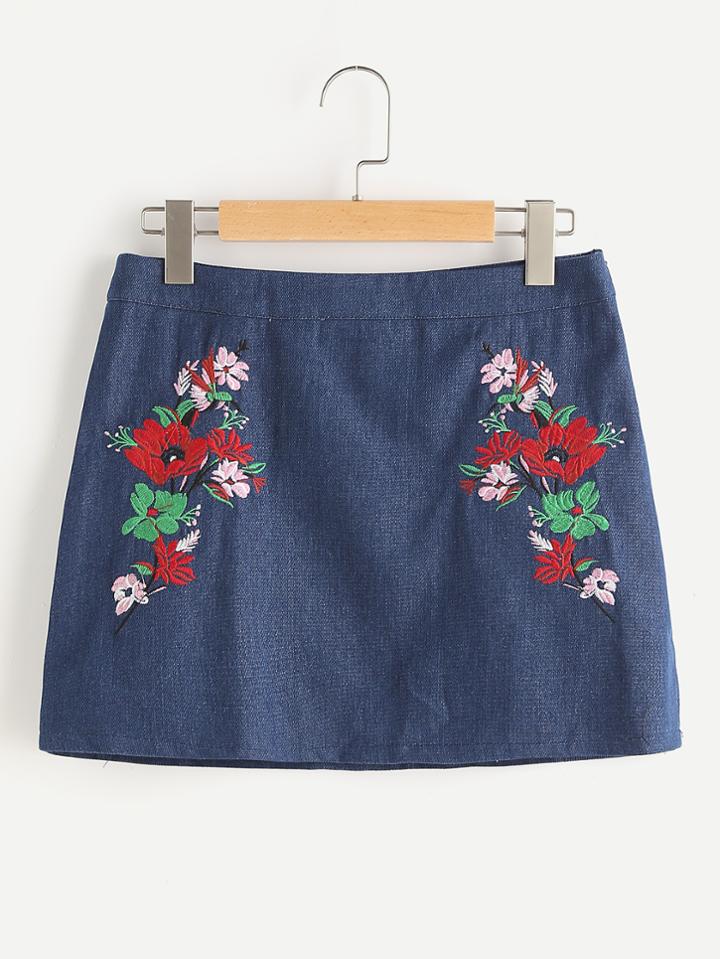 Shein Flower Embroidered A Line Denim Skirt