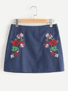 Shein Flower Embroidered A Line Denim Skirt
