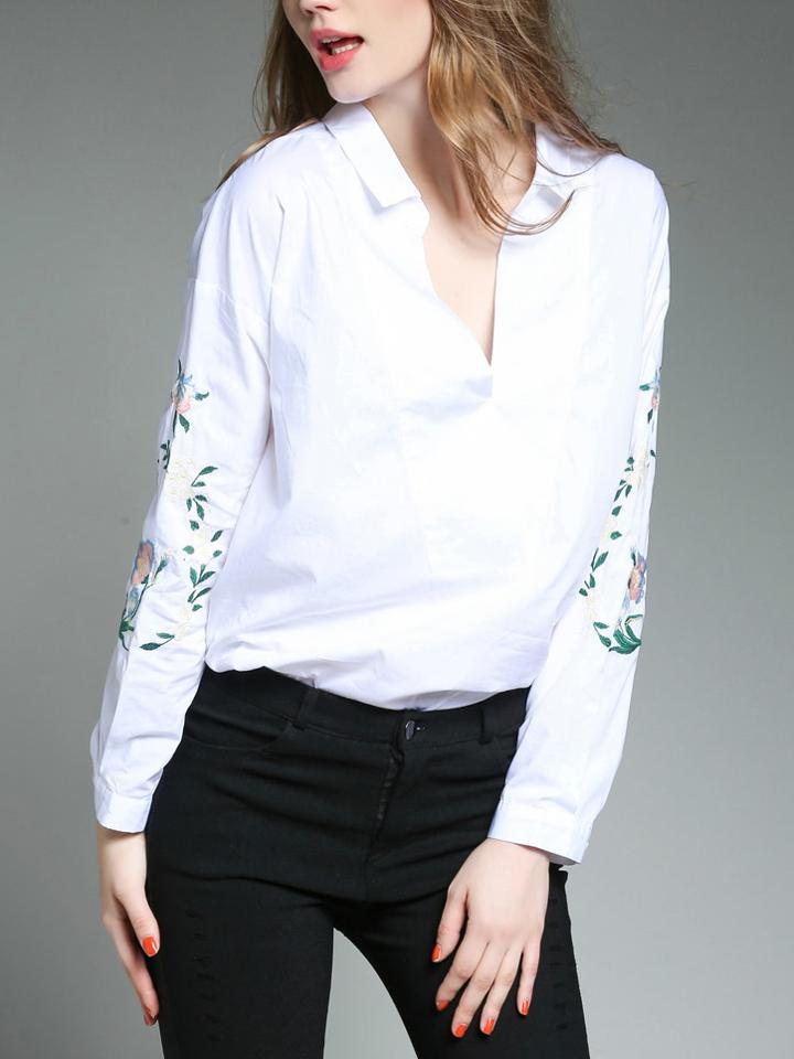 Shein Embroidered Sleeve V Neckline Shirt
