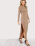 Shein Button Detail Slit Ribbed Knit Dress