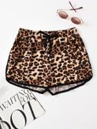 Shein Leopard Print Drawstring Waist Ringer Shorts