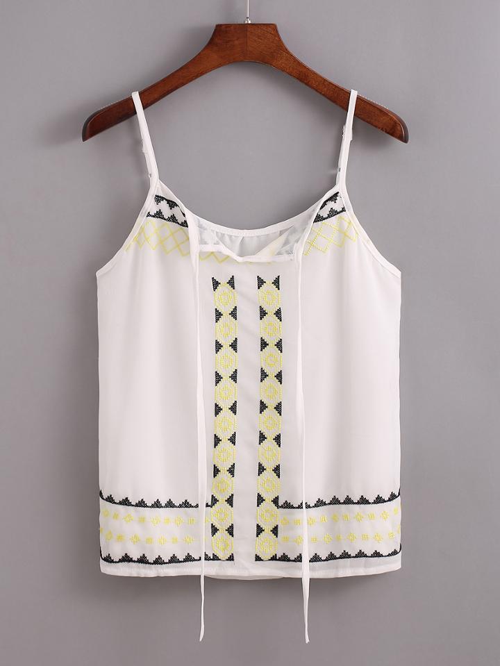 Shein Embroidery Tie-neck Cami Top - White