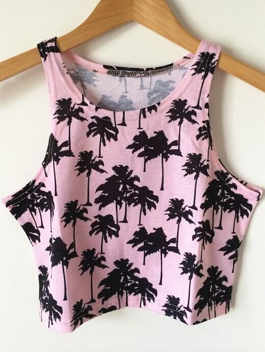 Shein Black Pink Round Neck Trees Print Crop Tank Top