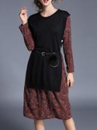 Shein Black Knit Belted Print Combo Dress