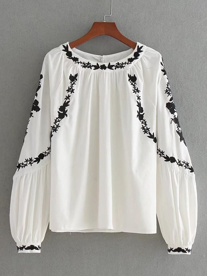 Shein Lantern Sleeve Embroidered Top