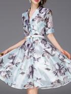 Shein Blue V Neck Belted Print A-line Dress