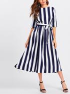 Shein Button Keyhole Back Self Belt Vertical Striped Dress