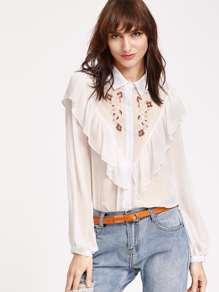 Shein Ruffle Detail Semi Sheer Embroidered Yoke Blouse