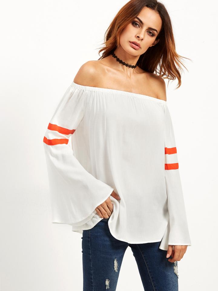 Shein White Varsity Striped Bell Sleeve Off The Shoulder Top