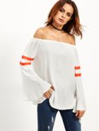 Shein White Varsity Striped Bell Sleeve Off The Shoulder Top