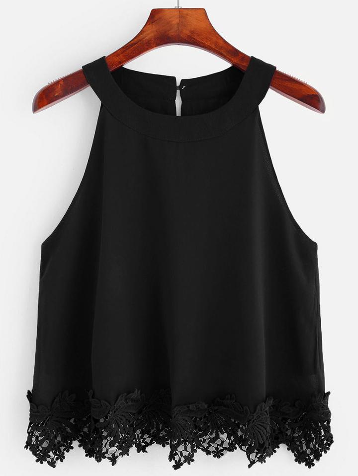 Shein Black Crochet Trim Chiffon Halter Top