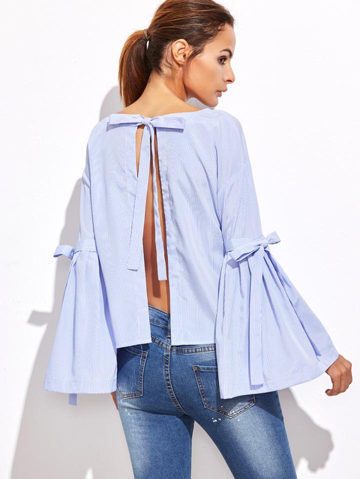 Shein Blue Vertical Striped Bow Tie Split Back Bell Sleeve Blouse