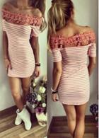 Rosewe Lace Panel Stripe Print Strapless Mini Dress