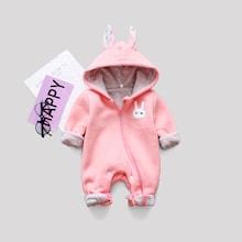Shein Girls Bunny Ears Decoration Embroidered Hooded Jumpsuit