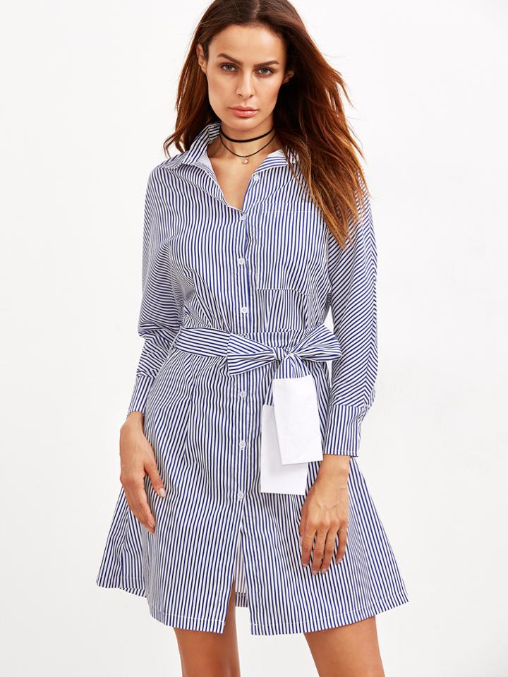 Shein Vertical Striped Buttons Shirt Dress With Belt