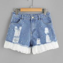 Shein Faux Pearl Beading Mesh Contrast Ripped Denim Shorts