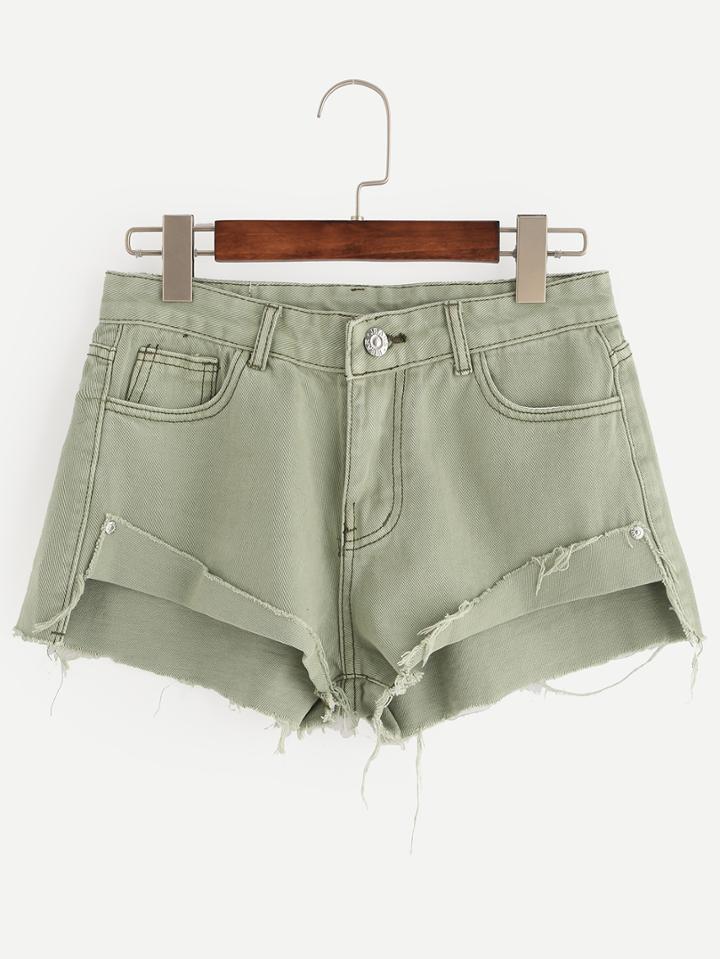 Shein Pale Green Raw Hem Denim Shorts
