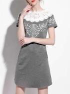 Shein Grey Contrast Crochet Embroidered Pockets Dress