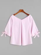 Shein Pink Double V Neck Sleeve Tie Detail Blouse