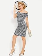 Shein Checkered Bardot Ruched Sleeve Slim Dress