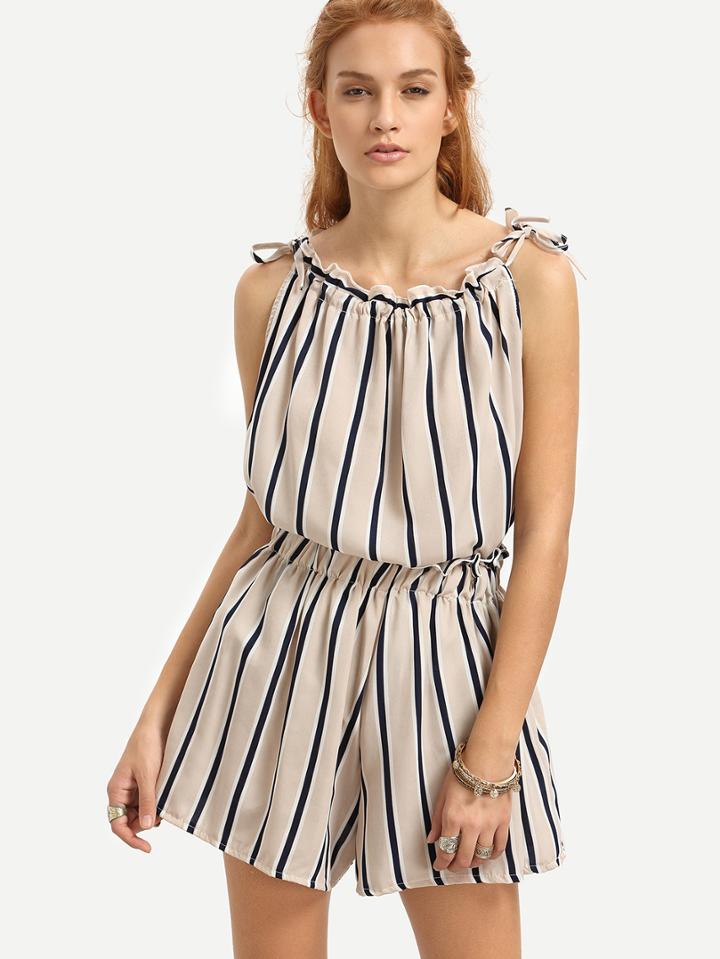 Shein Light Khaki Ruffled Vertical Striped Top With Shorts