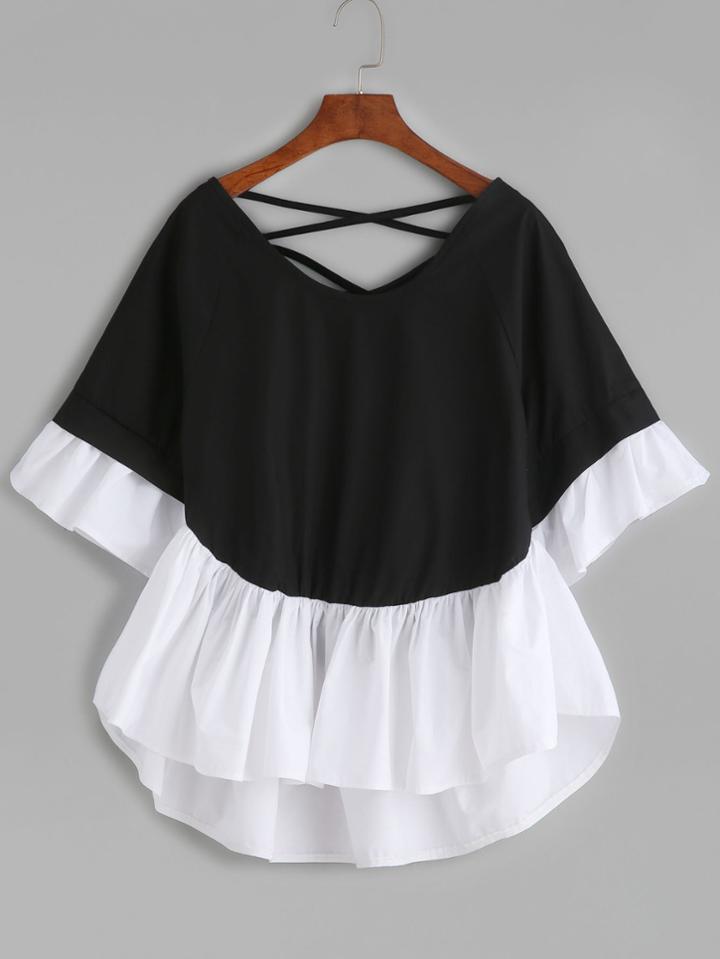 Shein Color Block Lattice-back Ruffle Sleeve Blouse