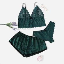 Shein Plus Scalloped Trim Satin Cami Top & Shorts & Thong