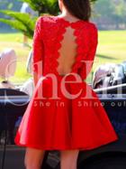Shein Red Ruby Half Sleeve Backless Scallop With Lace Flare Dress