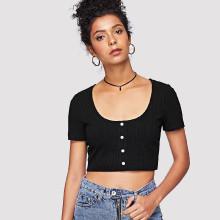 Shein Button Front Rib Knit Crop Tee