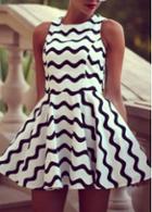 Rosewe Wave Stripe Print White A Line Dress