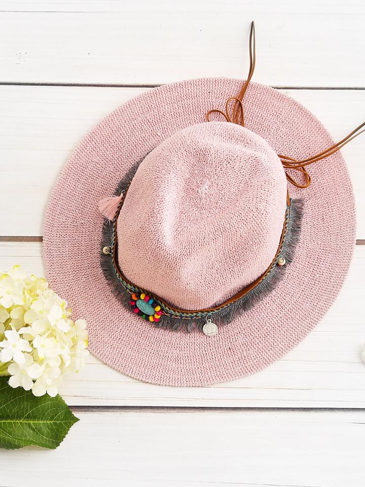 Shein Boho Fringe Straw Hat With Woven Band